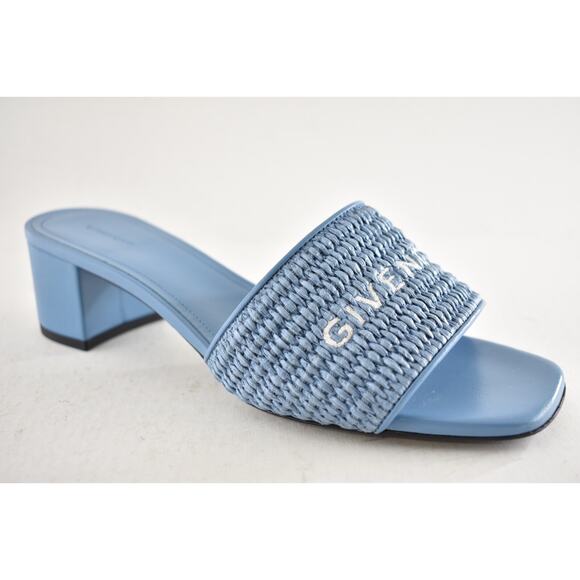 Givenchy 4G Denim Blue Raffia Logo Leather Slide On Mule Block Heel Sandal 39.5 - Picture 5 of 15